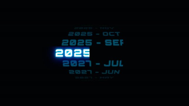 Futuristic 4K Seamless Loop 3D Digital Date Picker Scrolling to August 2026 with Blue Neon Glow on Black Background