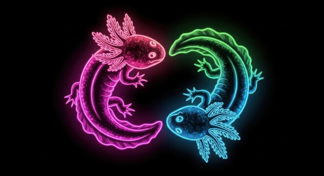 Neon axolotl art vibrant pink and green bioluminescent salamanders a unique axolotl design