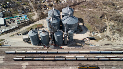 Aerial view of grain silos rail yard and industrial logistics in Bloomington Illinois © Viola