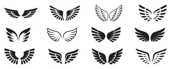 Fototapeta premium Decorative Wing Shapes Set Stylized Angel Bird Wings Vector Illustration Pack. Vector illustration eps 10