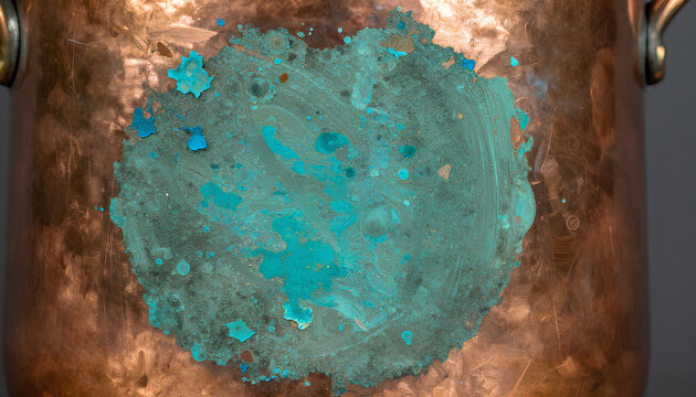 Close-up of copper pot in burnt sienna and cadmium orange oil on canvas with textured patina and areas of shine and oxidation
