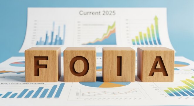 Wooden blocks spelling FOIA rest on financial charts indicating growth and analytics