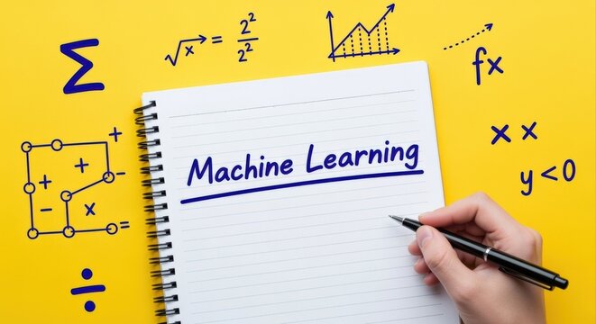 Hand writing Machine Learning concept with mathematical formulas and graphs on yellow background
