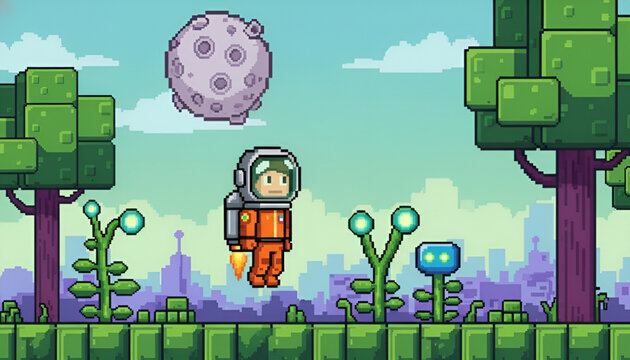 Astronaut Character Pixel Art in Alien Planet Platformer Game Scene