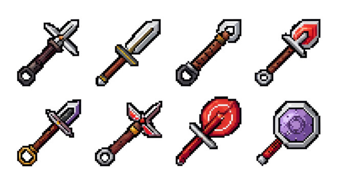 Pixel Art Fantasy Sword and Dagger Icons Set for RPG Game Assets