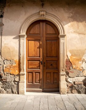 Ornate, aged wooden door framed by weathered stone and arched lintel
