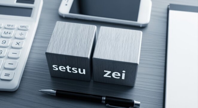 Two cubes with Japanese words 'setsu' and 'zei' representing tax concepts on a desk with office supplies.