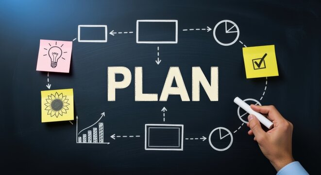 Business Strategy Plan Infographic Concept with Flowchart Icons and Chalkboard Chalk
