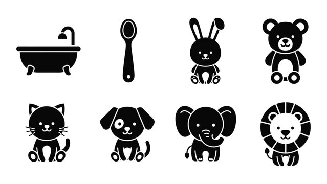 A collection of simple black glyphs depicts baby items including a tub spoon stuffed animals and various creatures high quality professional
