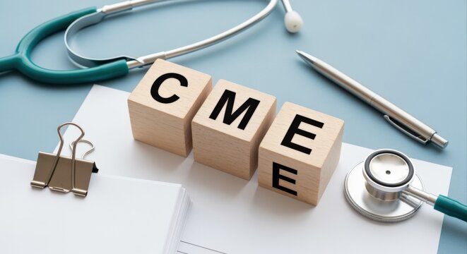 CME wooden blocks with stethoscope and pen symbolizing medical education and professional development