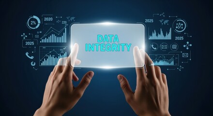 Obraz premium Hands touching a futuristic interface displaying data integrity with charts and analytics