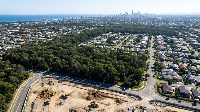 Bird's-eye view of land clearing and road construction for a new neighborhood development with the distant Melbourne CBD skyline under a clear sky