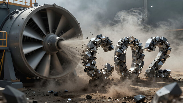Direct Air Capture (DAC) concept: Colossal fan sucking in large metallic CO2 letters from the air, generative AI
