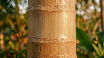 Naklejka premium Close-up of a textured bamboo trunk with horizontal rings and a blurred green background.