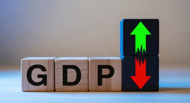 Wooden Blocks Spell Out GDP With Up and Down Arrows Symbolizing Economic Growth and Decline