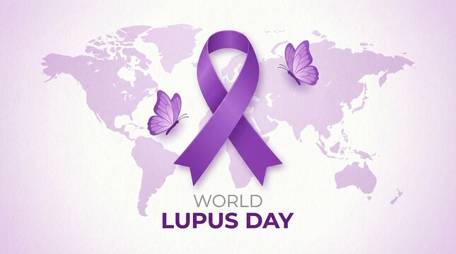Purple ribbon and butterflies on world map for world lupus day awareness campaign symbolizing hope and solidarity