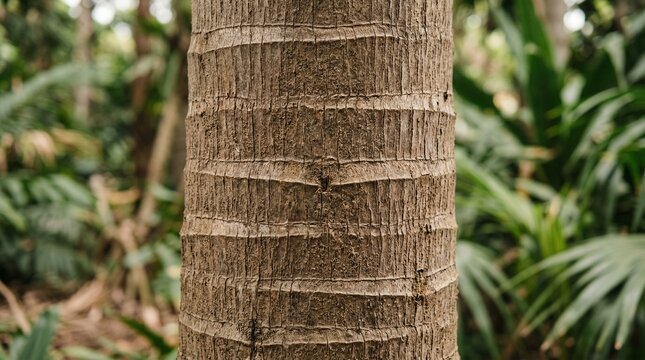 Close-up of a textured coconut palm tree trunk with horizontal rings and green foliage background