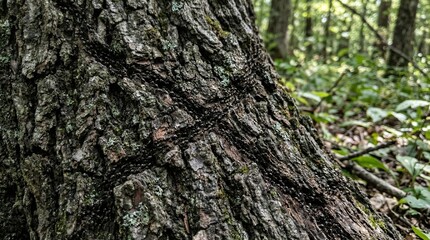 Obraz premium Army of ants marching in formation on a tree trunk in a forest