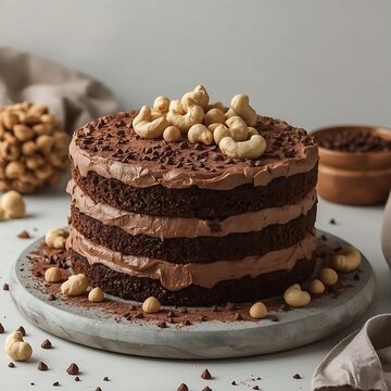 Rich layered espresso-infused chocolate cake with cashew nut clusters and dusted cocoa nibs, presented on a stone slab. Bright studio lighting, clean and modern, sharp focus, 1:1 ratio, commercial qua