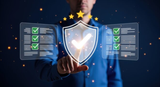 Businessman touching digital interface with shield, checklist, and stars representing quality assurance and compliance