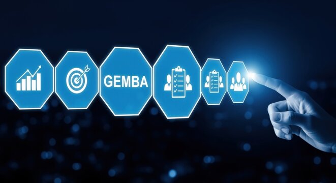 Business process optimization with Gemba walk, performance tracking, and team collaboration icons on dark background