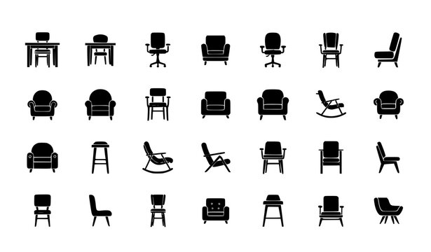 Chair vector icon set with dining, office, lounge, and stool designs in flat black silhouette style isolated on white