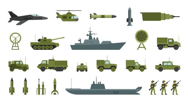 Military equipment and vehicles icon set, flat army warfare vector illustration, cohesive icon collection featuring land, air, and sea military assets, including transport units, combat machinery,