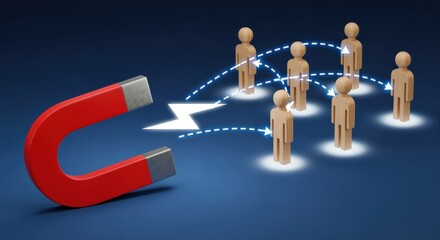 Obraz premium Red Horseshoe Magnet Attracting Wooden Figurines Symbolizing Lead Generation and Network Building