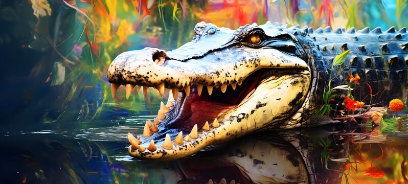 alligator chomping on bones in a swamp ,generative AI