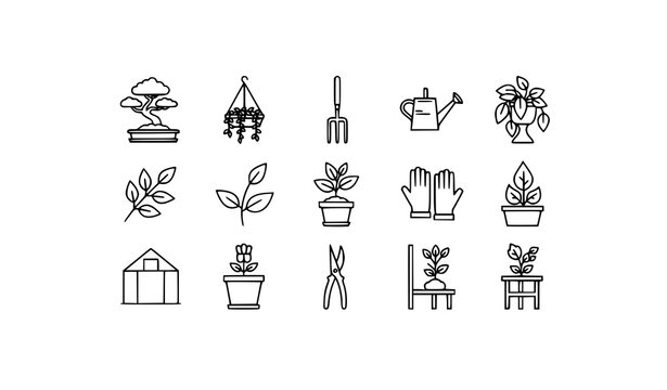 Minimalist line plants and gardening icons in monoline style with botanical and garden tool symbols isolated on white