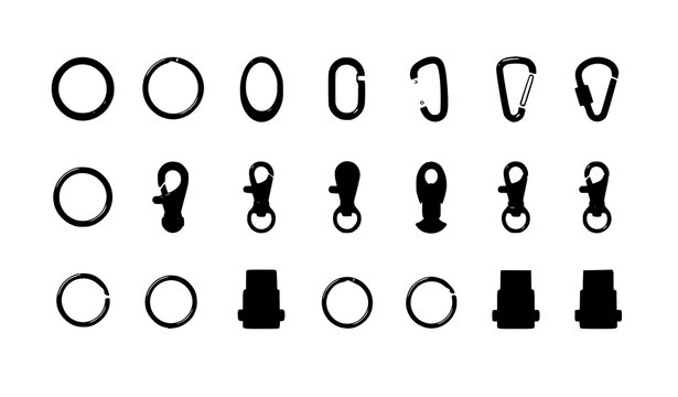 Flat key rings and clips vector set with carabiner snap hook and clasp accessories isolated on white background
