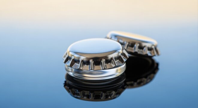 Two Shiny Metal Bottle Caps Reflecting on a Dark Surface with Soft Background Light