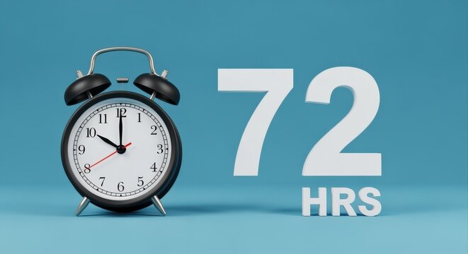 Retro Alarm Clock Next to Large White "72 HRS" Text on a Bright Blue Background