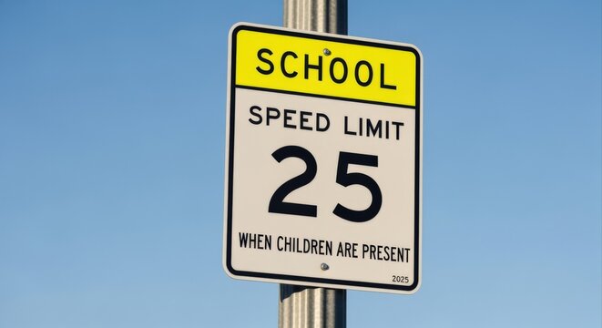 Yellow and white school speed limit 25 mph sign against a clear blue sky warning drivers
