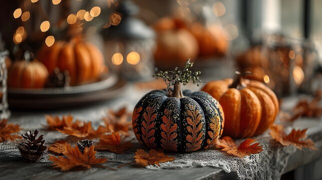 A close-up of a painted pumpkin on a table