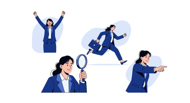 Businesswoman in blue suit with various expressions and actions illustrating confidence and professionalism in a corporate setting with dynamic poses