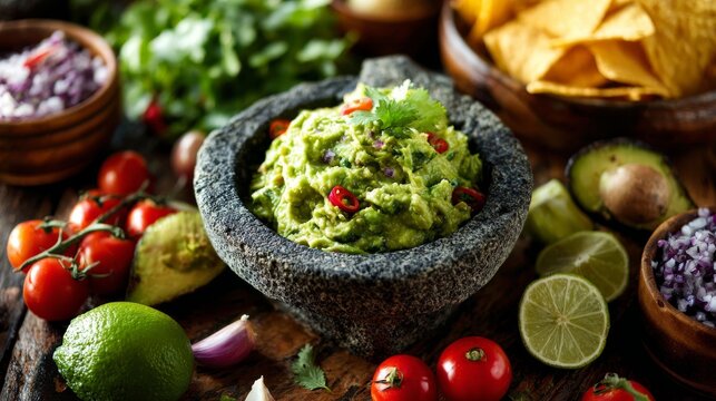 Fresh homemade guacamole in rustic bowl with ripe avocado lime juice cilantro and diced tomatoes, vibrant green mexican dip with natural ingredients on clean background, healthy fresh food concept