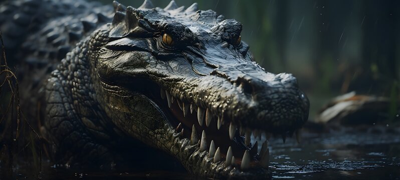 alligator chomping on bones in a swamp ,generative AI