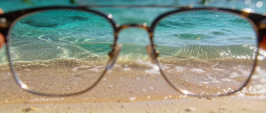 Beach clear focus sand sea ocean wave summer tropical vacation shoreline view through eyeglasses on sunny shore with turquoise water foam splash sunlight travel relax holiday coastal scenery