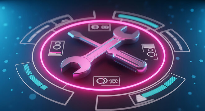 futuristic digital display with glowing pink tech tools representing service engineering and system optimization