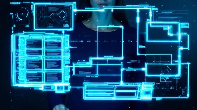 Woman interacting with futuristic digital interface for Digital Transformation and Cyber Infrastructure