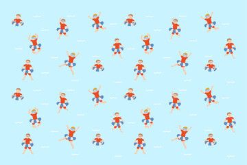 夏のプール遊び背景イラスト 浮き輪で遊ぶ子どもの横長素材 © necoshimaco