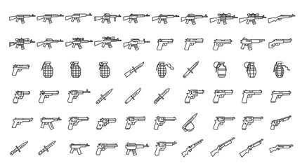 Obraz premium Collection of various weapons, including guns, knives, and grenades, in a line art style.