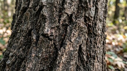Obraz premium Close-up of rough, textured bark on a mature tree trunk in a forest setting