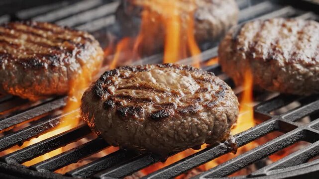 Several seasoned meat patties are cooking over an open flame on a hot metal grill grate