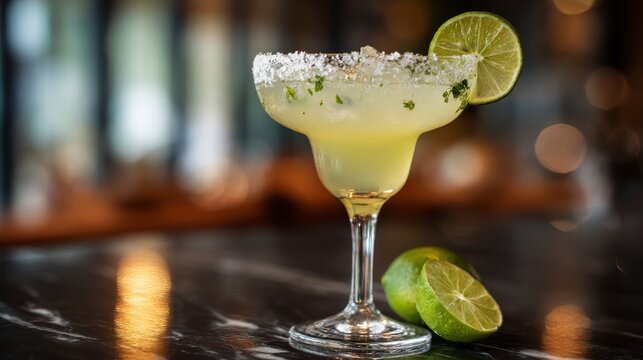 Classic margarita cocktail with fresh lime juice, salted rim and clear ice in elegant glass, refreshing citrus drink with vibrant green garnish, isolated on clean background, traditional mexican bever