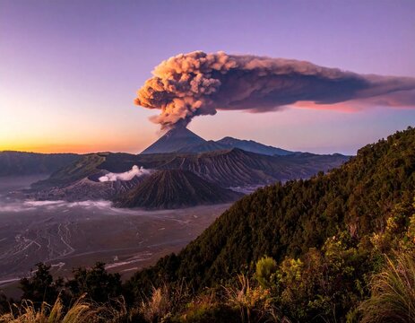 Mount Bromo Eruption at Sunrise - A Volcanic Landscape.
