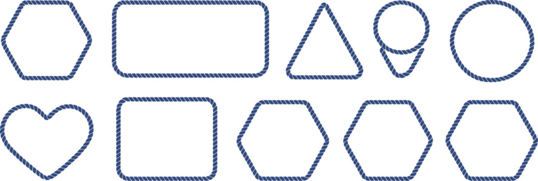 Rope Frame Icon Set Vector Illustration, Nautical Rope Borders in Hexagon, Square, Oval, and Heart Shapes, Marine Cord Frames for Sailor Theme, Labels, and Decorative Design