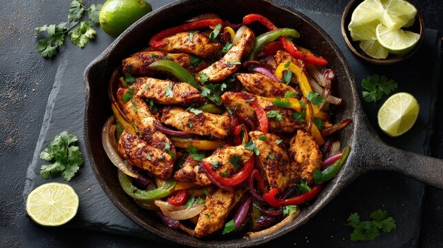 Mexican grilled chicken fajitas served in hot iron skillet with colorful bell peppers and onions, overhead view of sizzling seasoned meat on rustic slate background, authentic flavorful street food pr