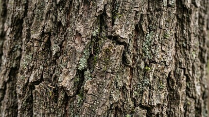 Fototapeta premium Close-up of rough, textured tree bark with green lichen, natural background